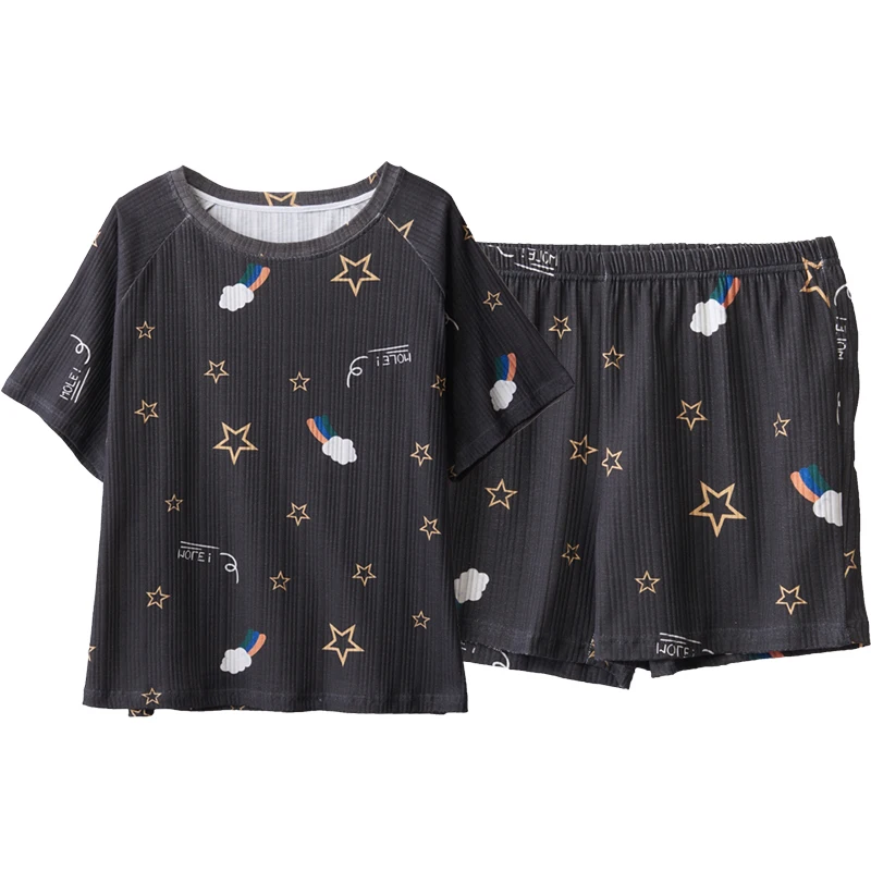 

Summer Couple Pajamas Set Cotton Loose Short Sleeve O-Neck Sleepwear Lover Homewear Kawaii Cartoon Rainbow Print Girls Nightgown