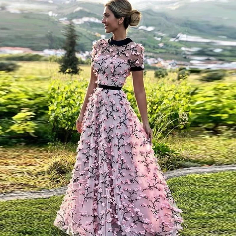Robe De Soiree, тюлевые вечерние платья с цветами, длинные, с бретелькой через шею, с коротким рукавом, вечерние платья, торжественное платье