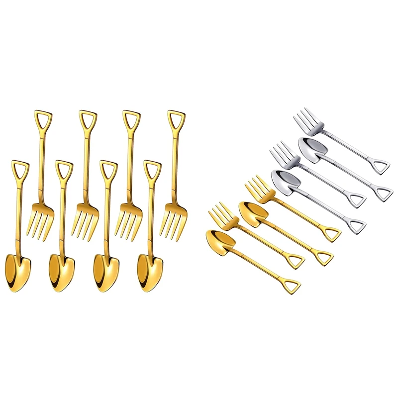 

New 8 Pieces Shovel Spoon Fork Shovel Coffee Handle Dessert Shape Fork