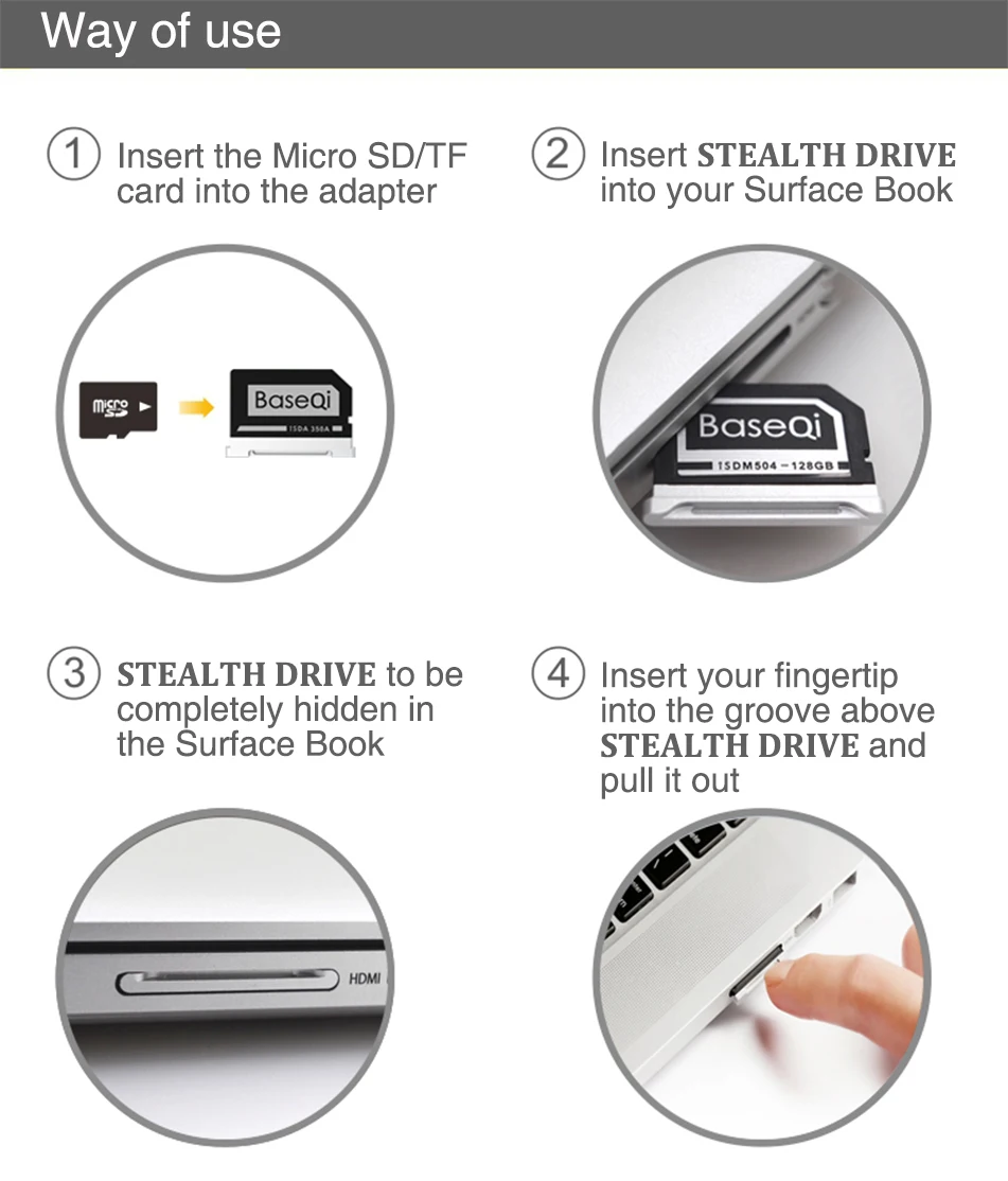 BaseQi алюминиевый стелс-накопитель Micro SD/TF карта адаптер расширения памяти SD кардридер для microsoft Surface Book 2 15"