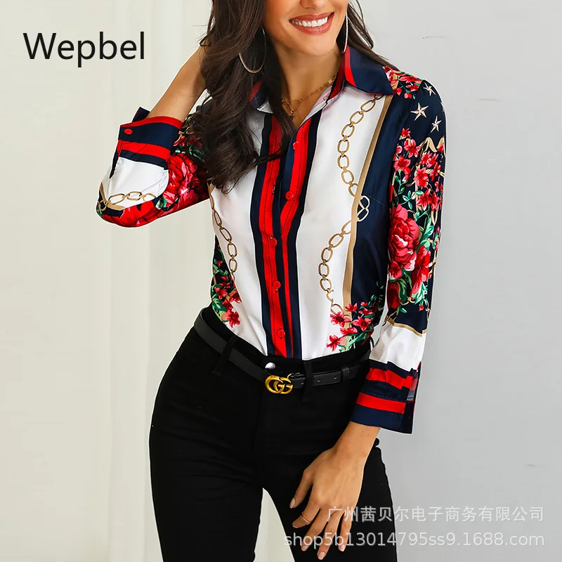 

Женская рубашка с цветочным принтом Wepbel, Повседневная рубашка с длинным рукавом и цепочкой