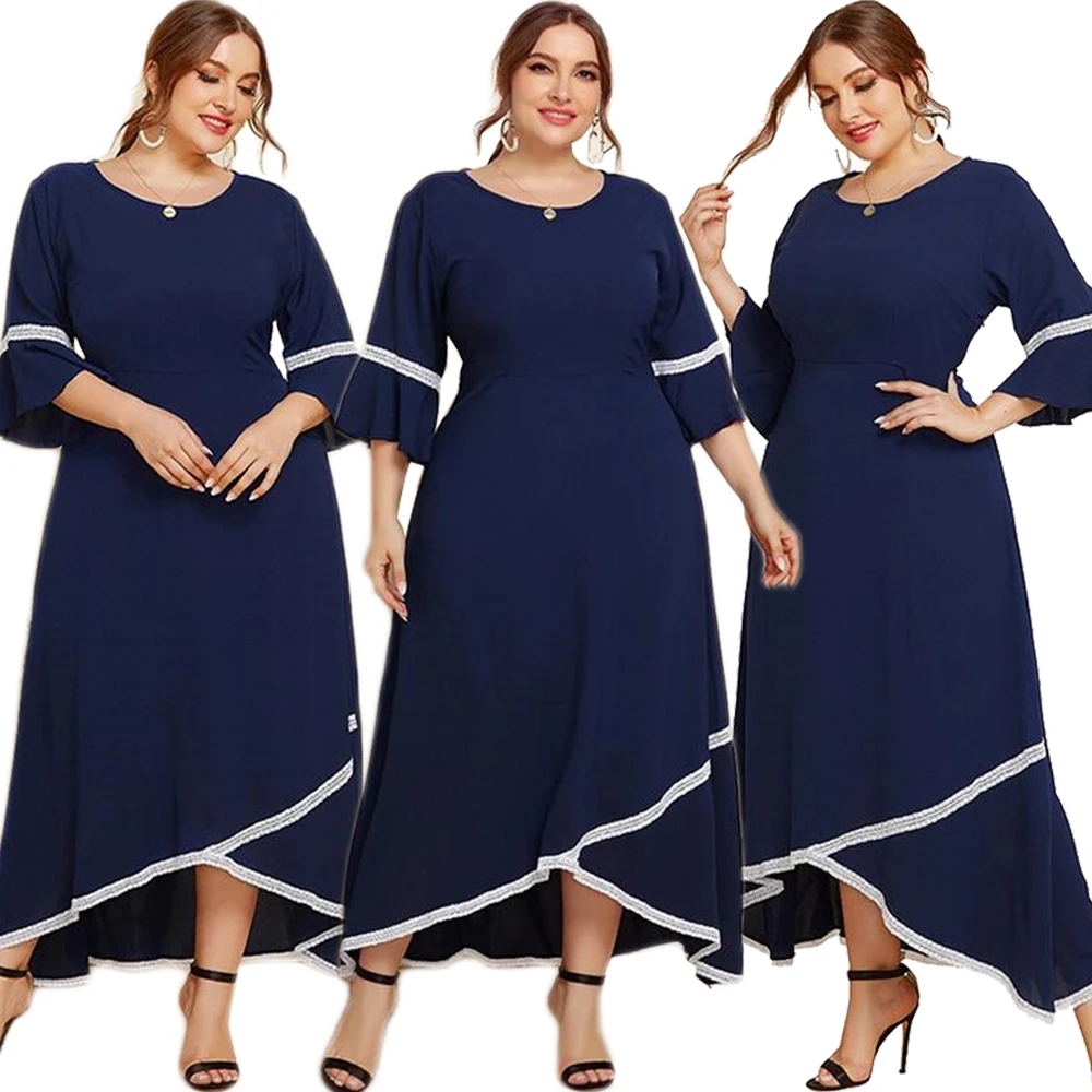 

Plus Size Women Long Dress O-neck Muslim Abaya Kaftan Flare Sleeve Spring Summer Islamic Irregularity Maxi Dresses Gown Vestido