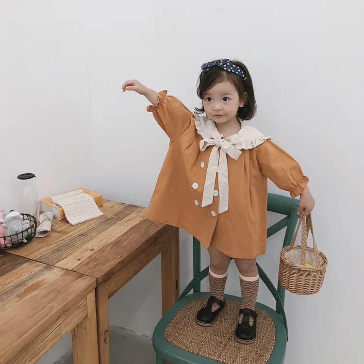 Осеннее детское хлопковое двубортное платье большого размера с бантом и