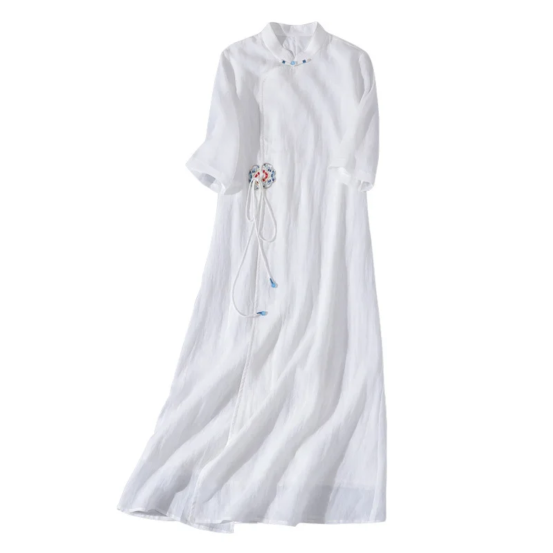 

2021 Spring and Summer New Retro Stand Collar an Embroidered Skirt Side Strap Six-Quarter Sleeve Pure Ramie Dress