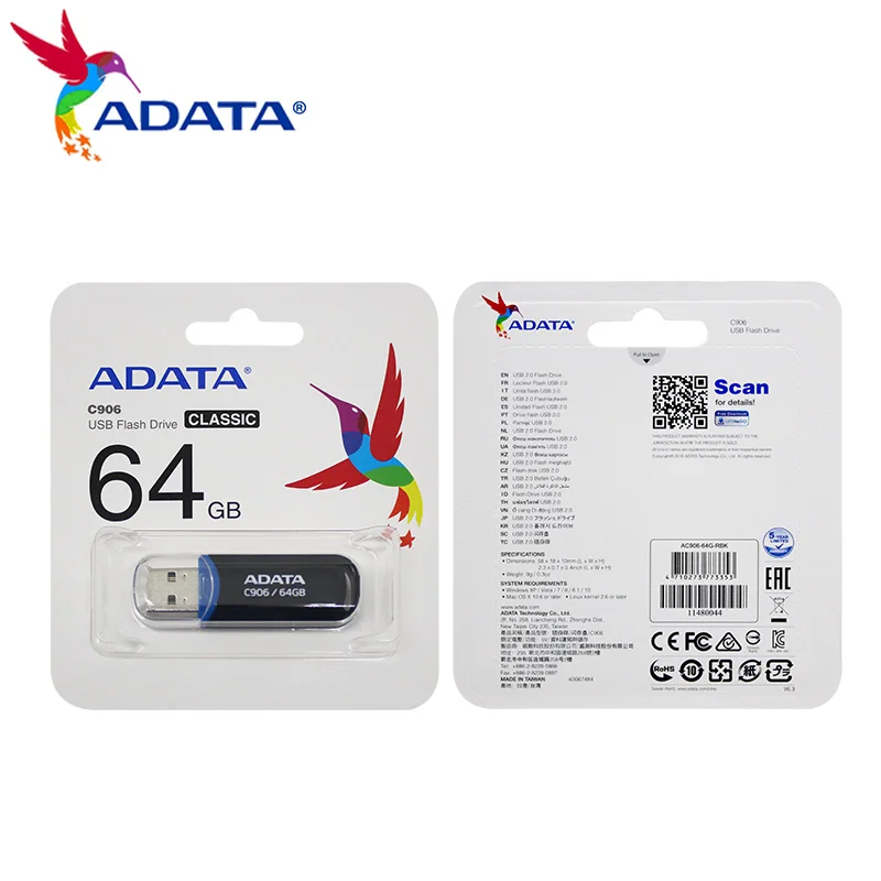 

Original ADATA USB Pendrive C906 USB 2.0 Memory Stick 64GB Flash Disk USB Stick Storage Disk Black Portable U Disk With Lanyard