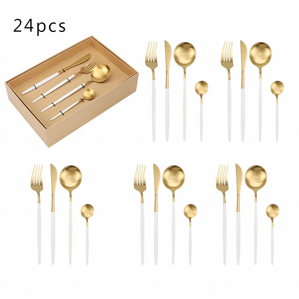

24Pcs Matte White Gold Tableware Set Wedding Dinnerware Fork Knife Spoon Set Kitchen Utensils Cutlery Stainless Steel Flatware