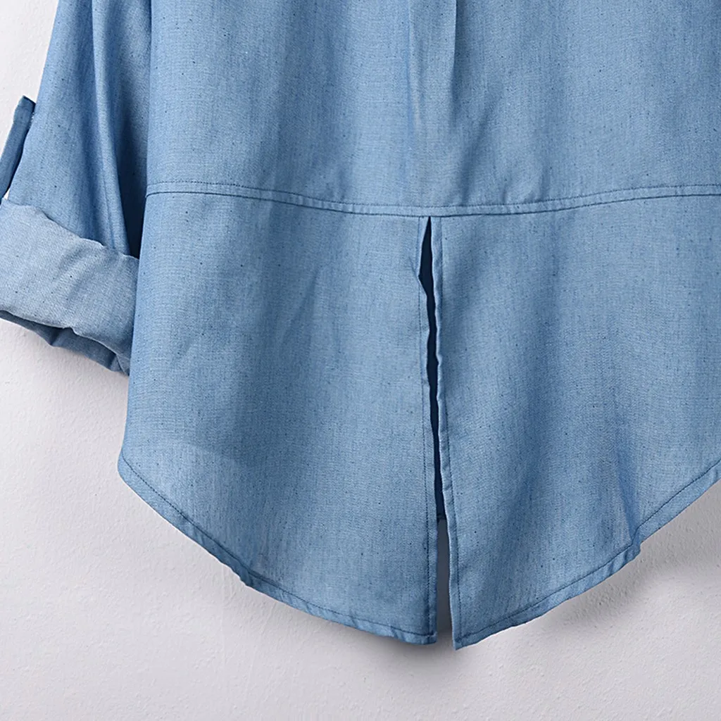 Блузка женская джинсовая с карманами Топ длинным рукавом отложным воротником