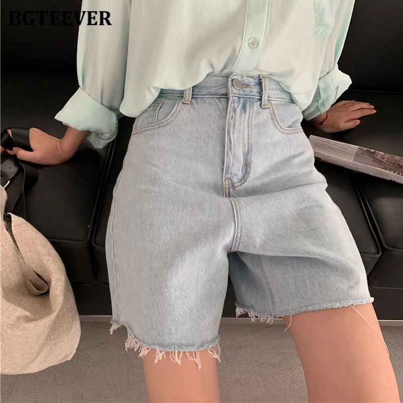 Женские джинсовые шорты BGTEEVER летние свободные с бахромой на подоле повседневный