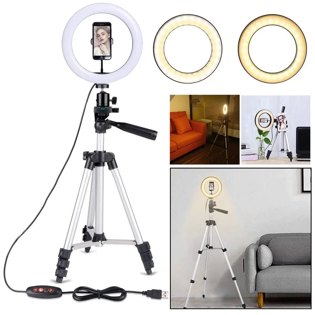 

10IN LED Makeup Lamp With Tripod Phone Clip SMD Ring Light Kit With Stand Dimmable 5500K For Camera Makeup штативы #LR4