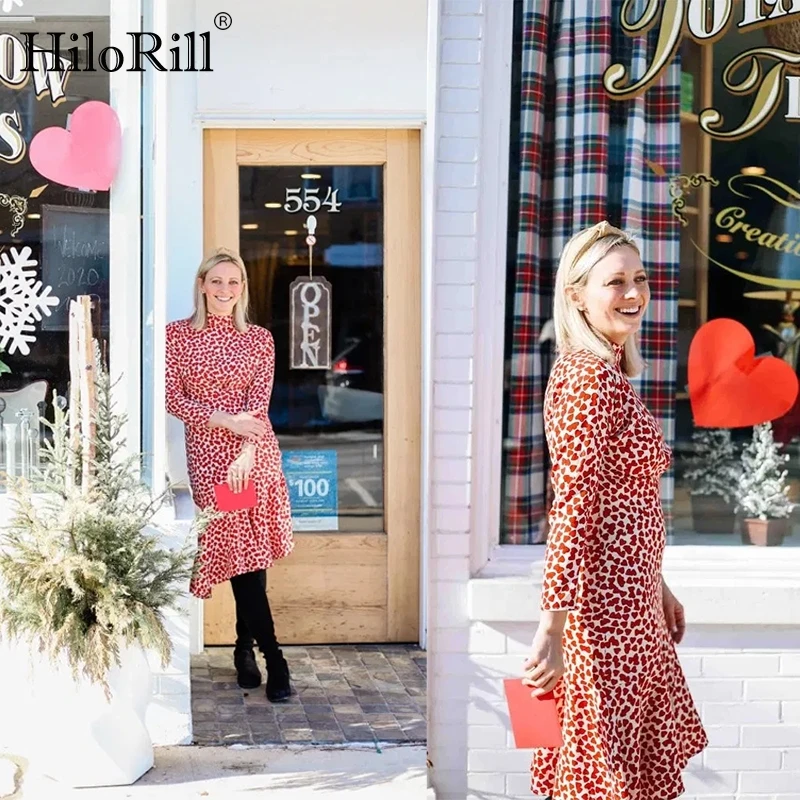 

Платье HiloRill женское средней длины с принтом в виде сердца, повседневное с воротником-стойкой и длинным рукавом, с юбкой-годе, весеннее