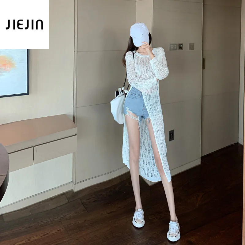 

Sexy Mesh Hollow long pullover women 2021 beige sexy women clothes 2021 korean summer thin Knitted Pullover net red hot sale