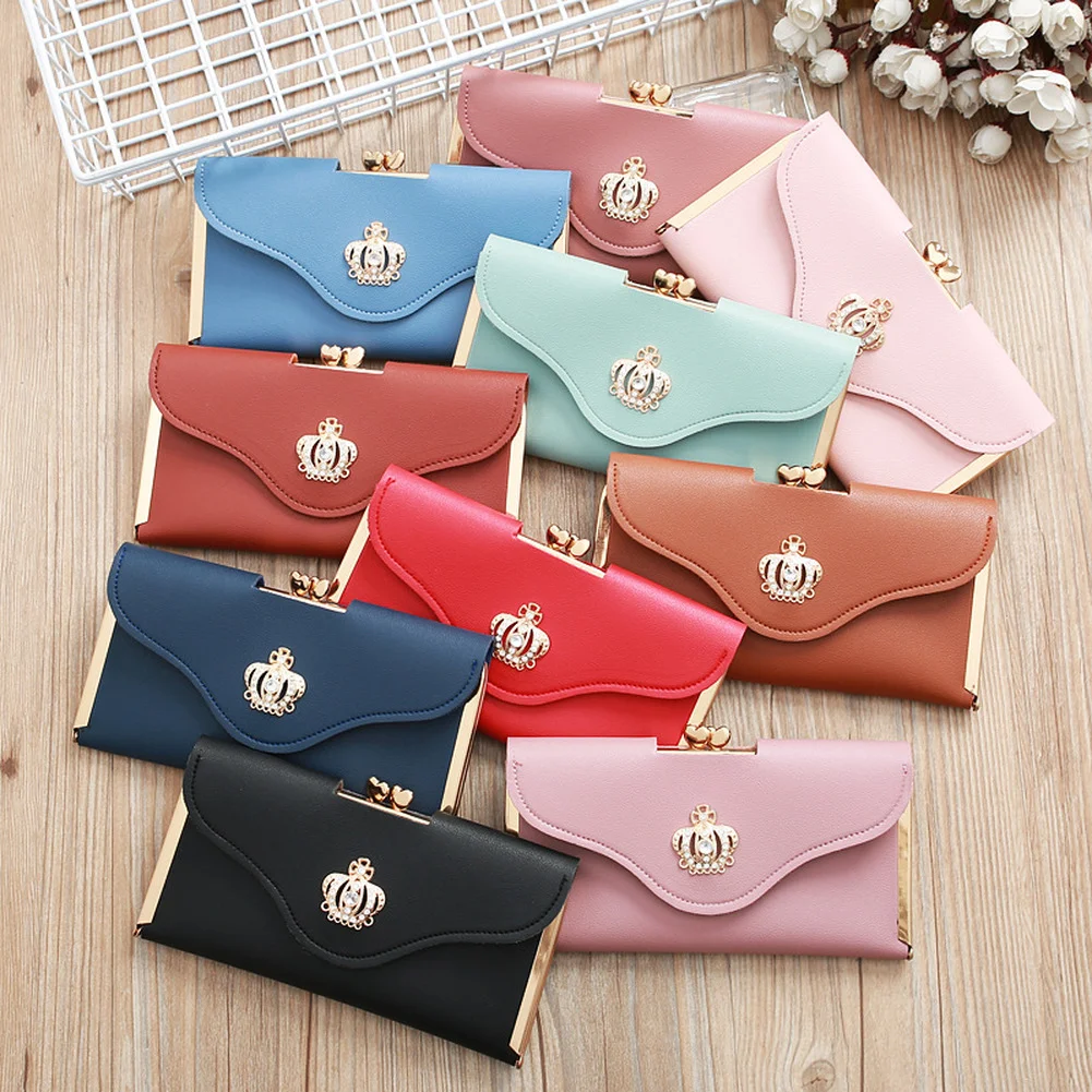

Womens Wallet Ladies Crystal Diamond Crown Decorated Long Card Holder Clutch Bag Case Female Retro Leather Purse Handbag