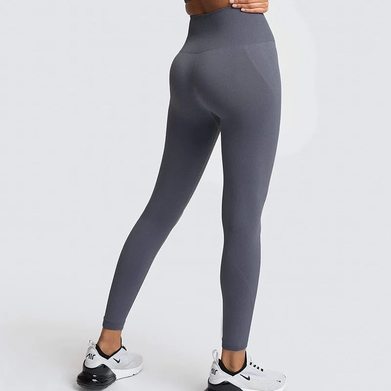 

New Seamless Knitted Solid Color High Waist Round Neck Long Sleeve Trousers Two-Piece Yoga Sports Fitness Running Clothes Women