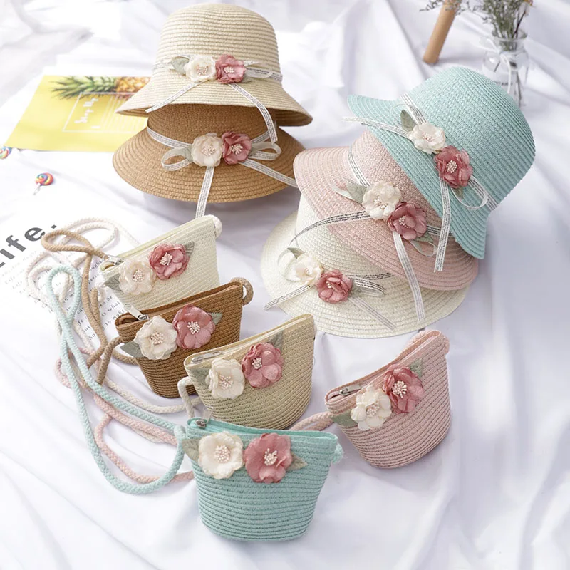 

Kids Handbag Sets Girls Cute Flower Sunshading Straw Cap Girls Summer Seaside Beach Panama Sun Hat