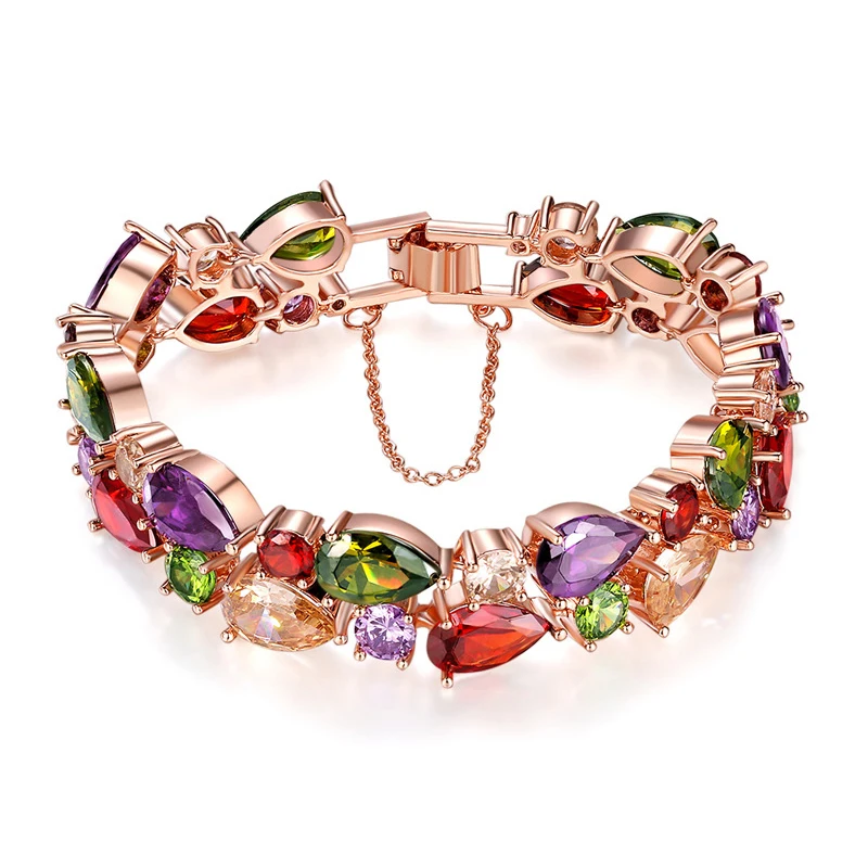 

Austrian Crystal Rose Gold Color Mona Lisa Zircon Bracelet Multicolors Stones Chain Bracelet For Women Wedding Retro Bangles