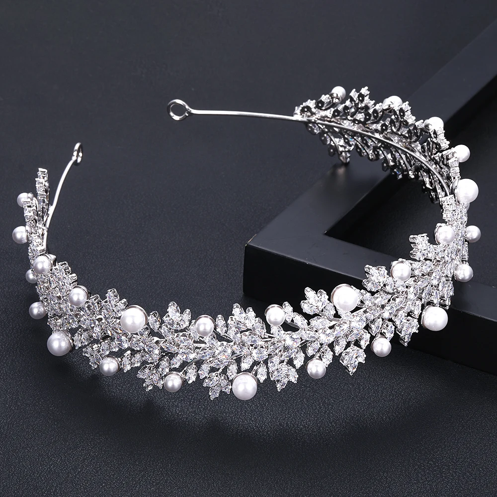Accking Роскошные Листья Свадебный ободок с жемчужинами кубического циркония белым