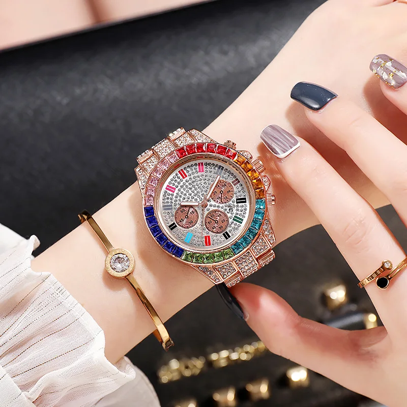 

European and American ladies diamond watch hip-hop trendy fashion big dial calendar quartz watch gypsophila watch