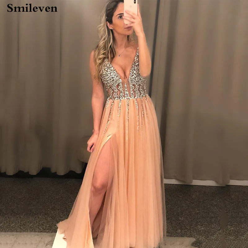 

Сексуальное вечернее платье Smileven с V-образным вырезом, длинное платье с разрезом сбоку, украшенное кристаллами