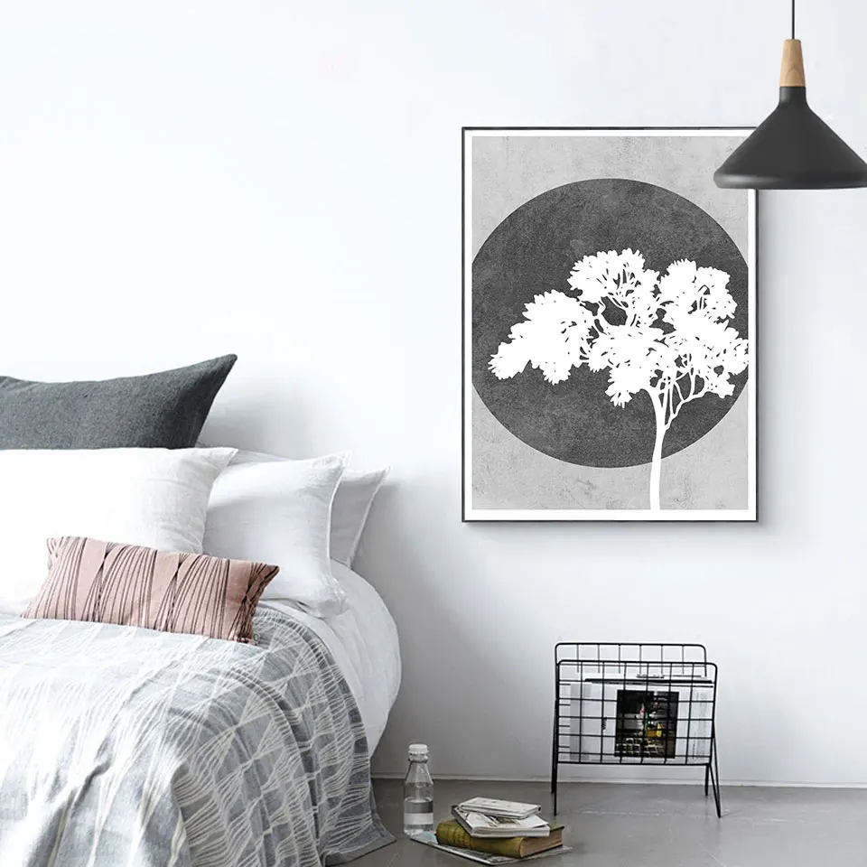 Серое белое дерево силуэт плакаты принты абстрактный плакат настенный Арт холст