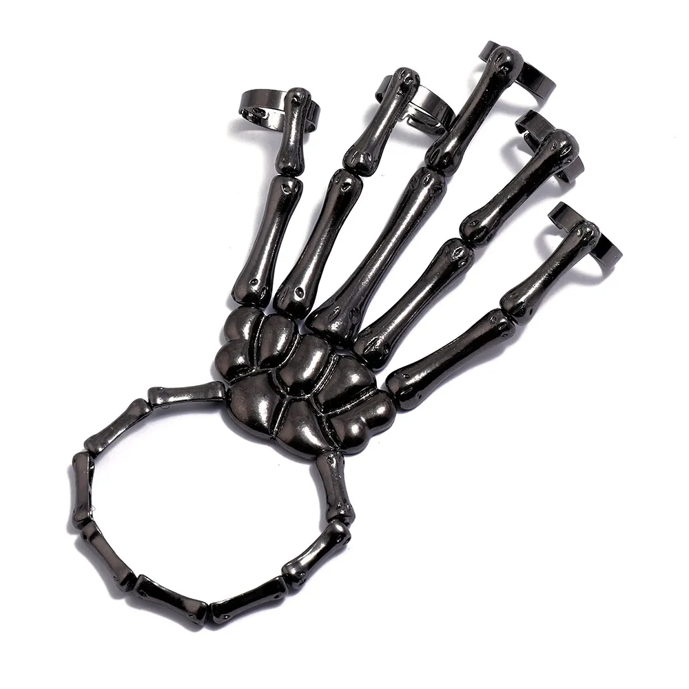 

New Fashion Women Adjustable Gothic Punk Bones Ring Skull Skeleton Finger Bracelet on Hand Chain for Halloween Party Accessories