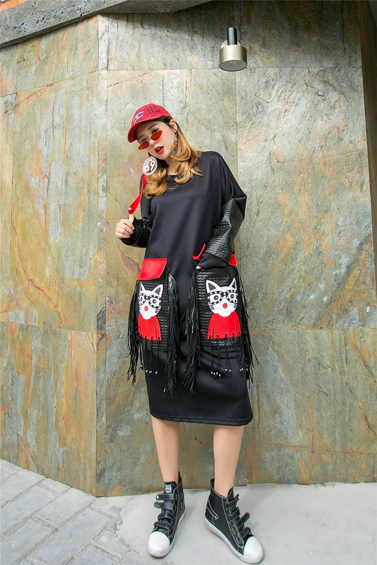 

Spring Oversized Vintage Dress O-Neck Kawaii Cat Print Robe Long Sleeve Black Gothic High Street Loose Casual Dresses Fashion