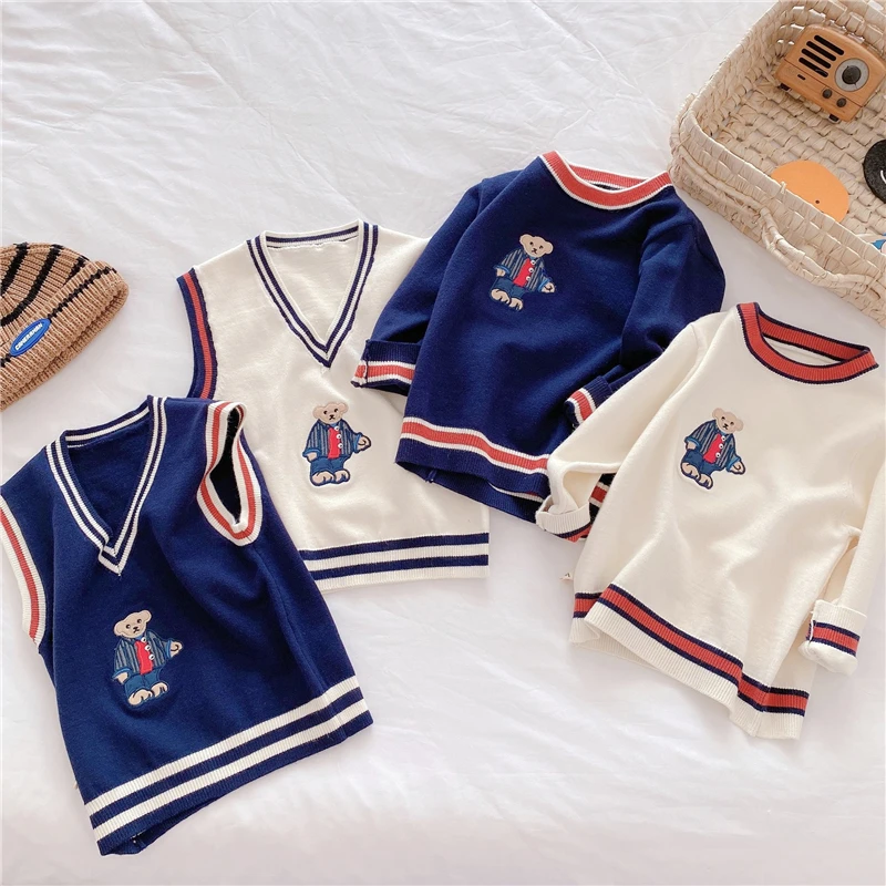 0-6Y Baby Girl Knitted Vest 2022 Spring Autumn Cute Bear Embroidery Sweater for Boy Cotton V-Neck Kids Clothes Girls Costumes