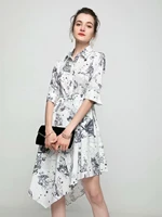 2021 spring and summer new womens high quality butterfly print five point sleeve lapel dress slim slimming casual elegant dress