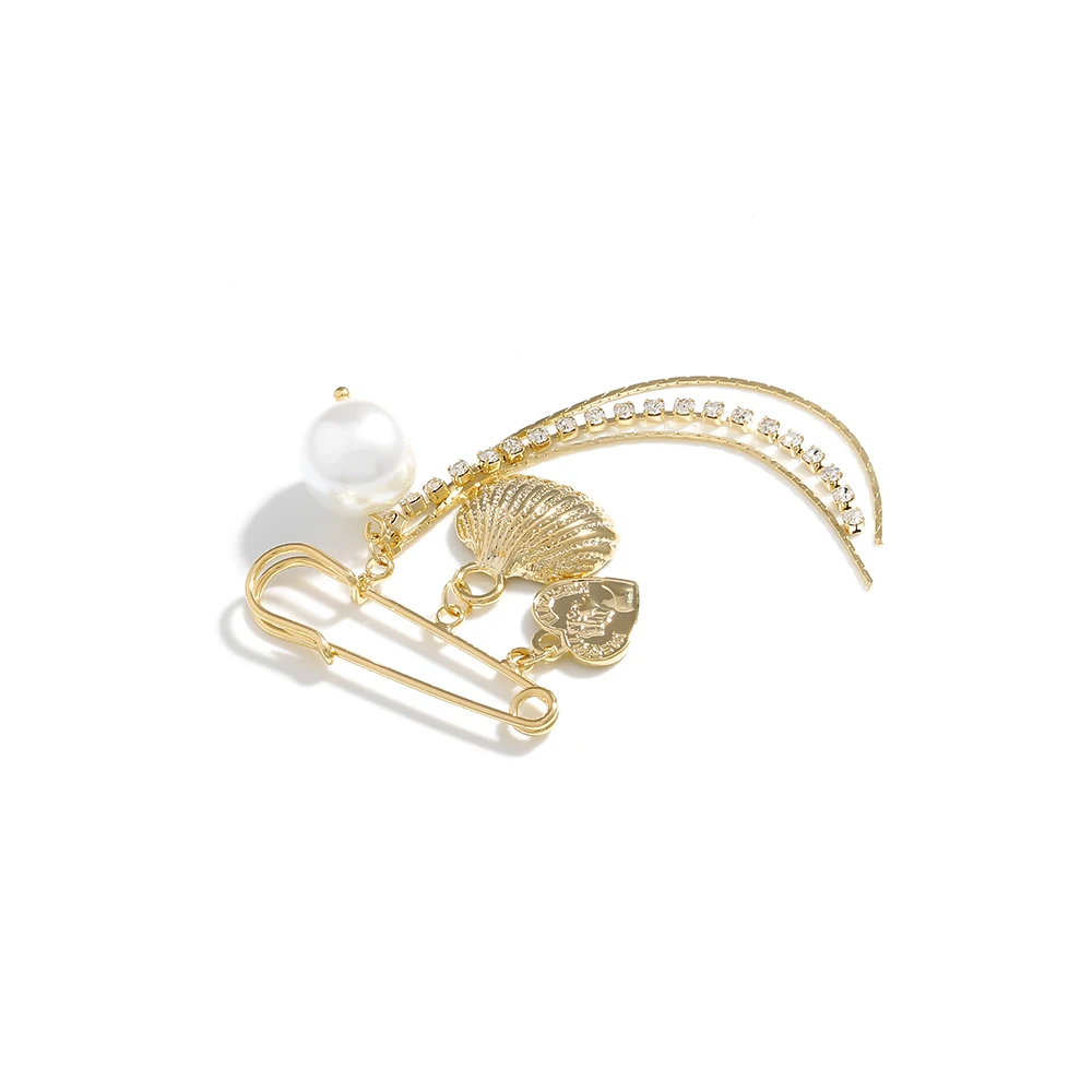 Yhpup Trendy Copper Charm Metal Shell Tassel Brooches Imitation Pearls Round Portrait Zirconia Exquisite Brooch Pins for Women