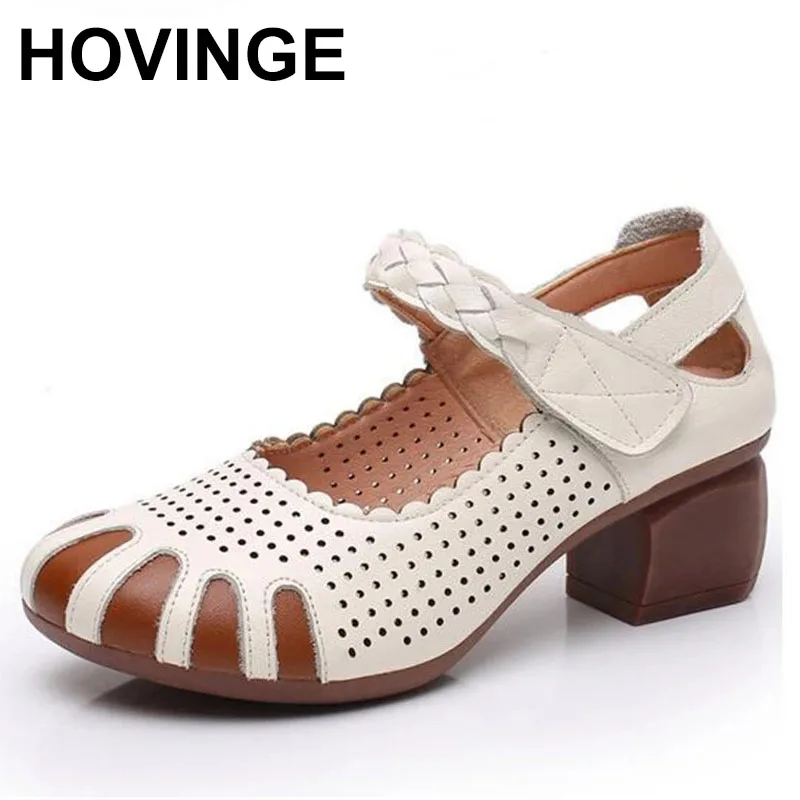 

HOVINGE Roman Style Spell Color Top Soft Cowhide Hollow Breathable Sandals Woman High Heel Shoes Non-slip Comfortable Fashion