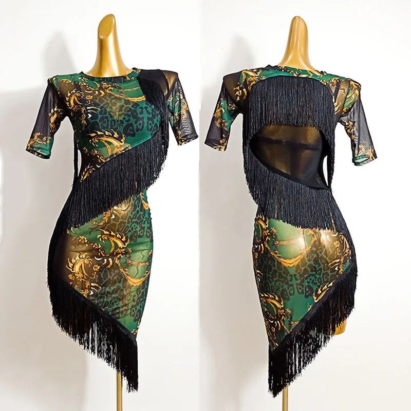

Latin Dance Dress Sexy See-Through Mesh Leopard Print Tassel Competition Performance Wear Rumba Cha Cha Samba Tango Salsa DN5909