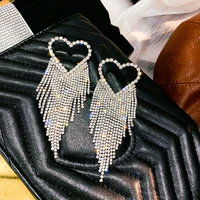 ustar bling long tassel heart crystal drop earrings for women full rhinestone dangle earring party statement wedding jewelry