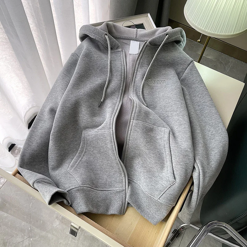

Базовая стильная серая плюшевая толстовка, женская зимняя теплая толстовка на молнии с длинным рукавом, винтажные повседневные большие пал...