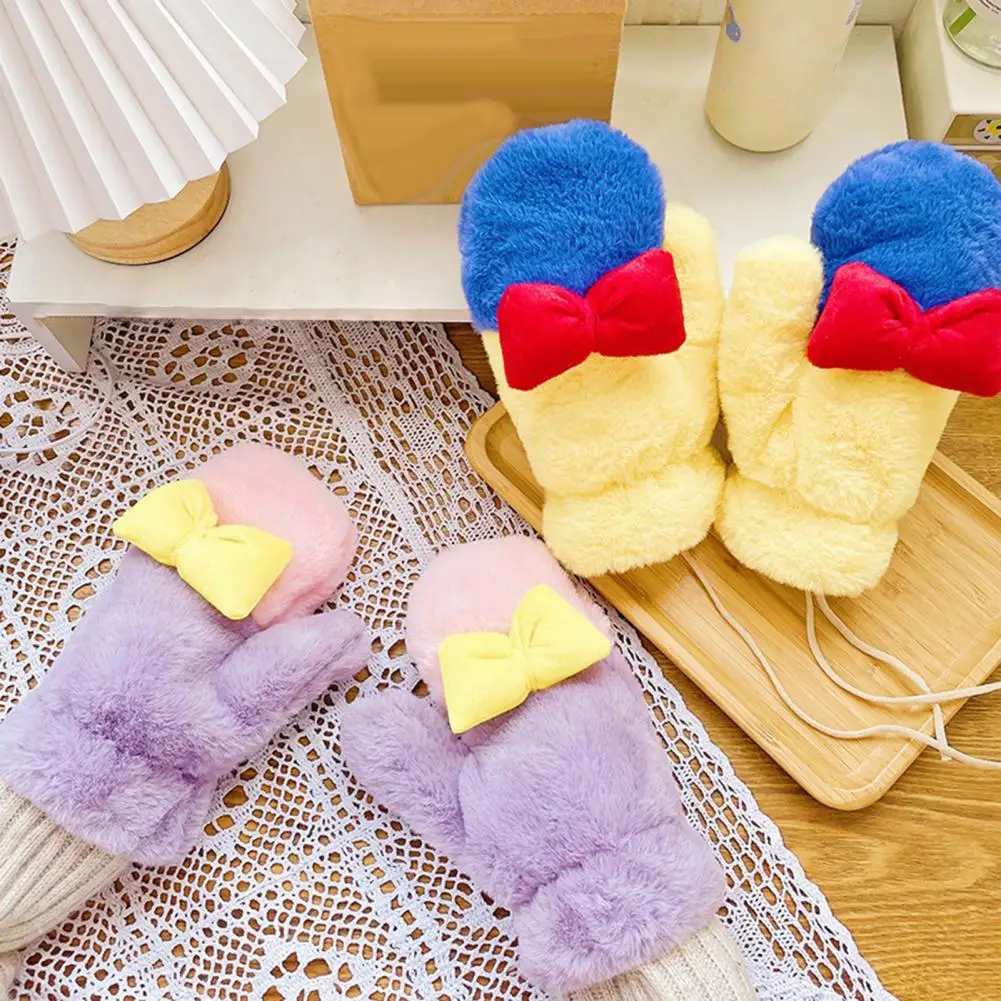 

1 Pair Gloves Thicken Soft Plush Cute Bow-knot Design Keep Warm Windproof Lolita Fashion Mitten Furry Girls Gloves for Winter