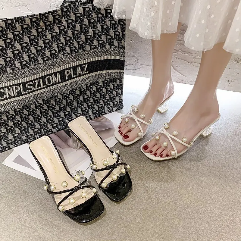 

2021 summer new out fashion transparent mid-heel open-toe beaded female sandals and slippers wear a word sandals