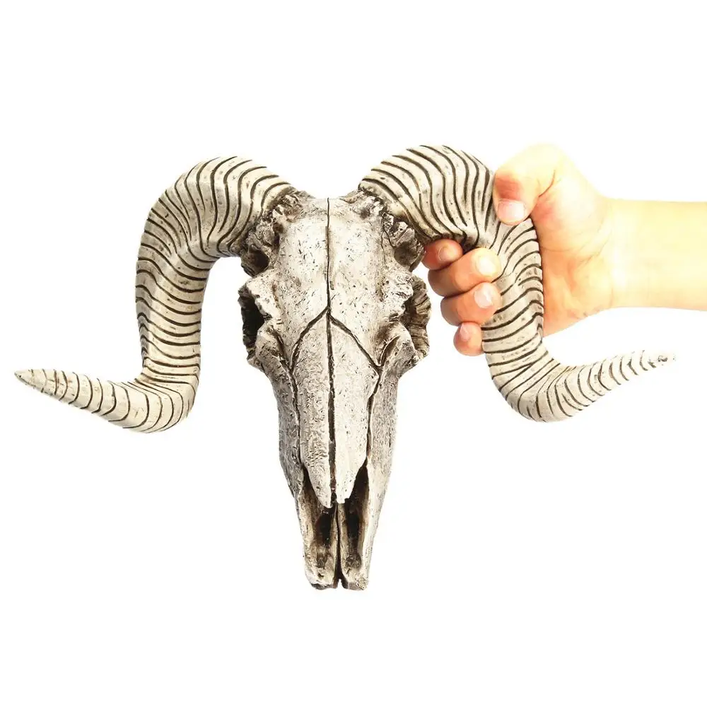 Resin Skeleton Ram Sheep Head Skull Head Wall Hanging 3D Animal Longhorn Sculpture Figurines Crafts Horns Home Decor Ornaments