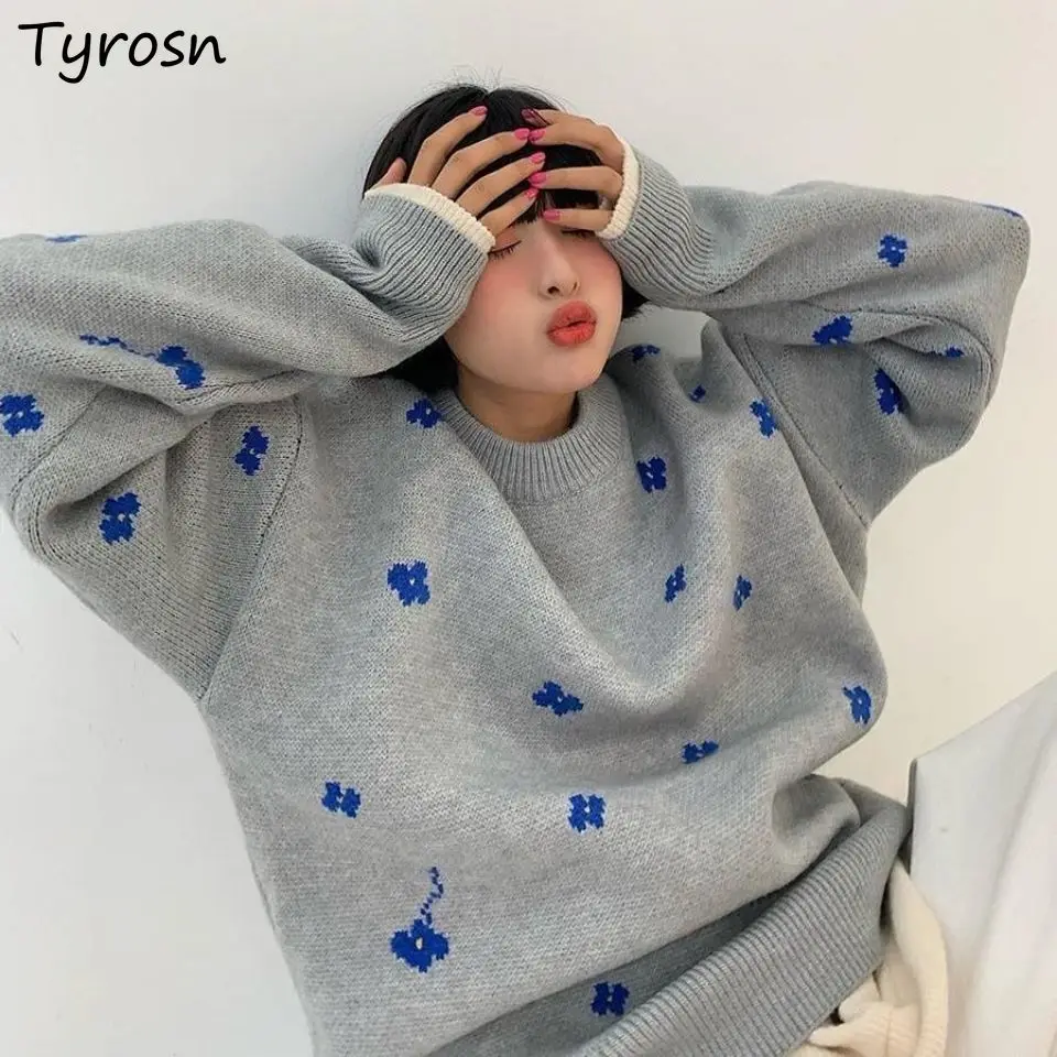 

Women Pullovers Floral Knitwear Leisure Sweet Harajuku All Match Warm Spring Autumn Chic Sweaters Vintage Korean Style Casual