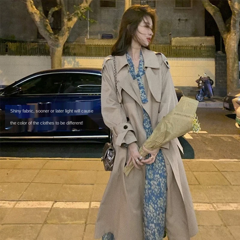 

2020 Autumn Korean Lapel Splicing Double-breasted High-end Stylish Loose Temperament Straight Tube Type Knee-length Women Trench