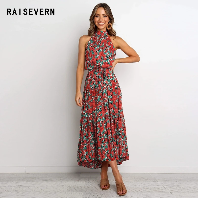 Новинка весны 2020 женское платье бохо цветочный принт без рукавов макси богемное