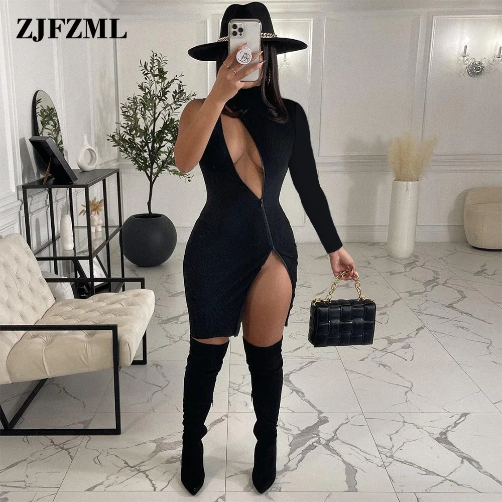 

Sense of Design Zipper Front Hollow Split Dress Women Single Long Sleeve Backless Vestidos Elegant Black Body-shaping Robe Femme