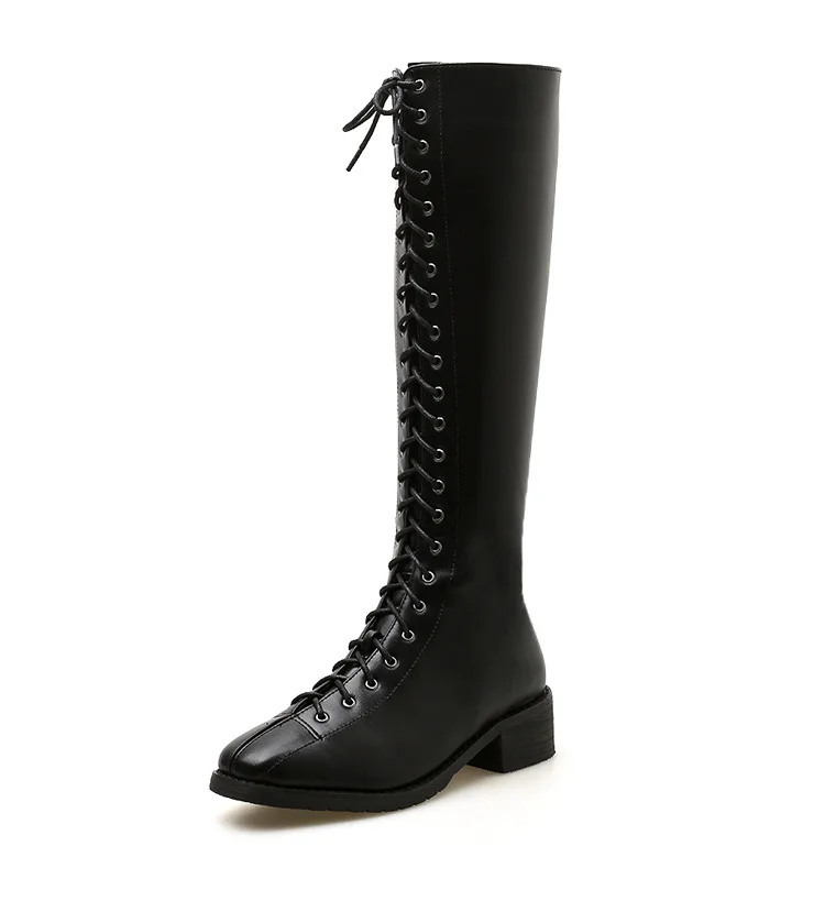 Botas Mujer; сапоги до колена с перекрестной шнуровкой; женские рыцарские сапоги martin; botines; обувь в стиле ретро на шнуровке, на массивном каблуке; зимняя кожаная обувь