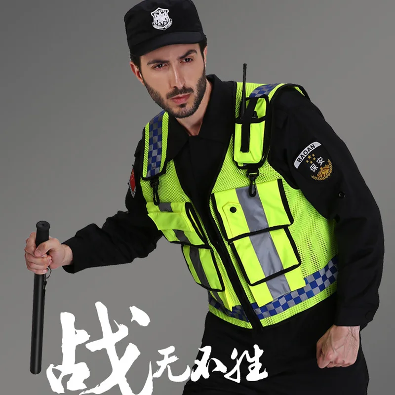 

Reflective safety vest high visibility reflective tape with pockets and front zipper