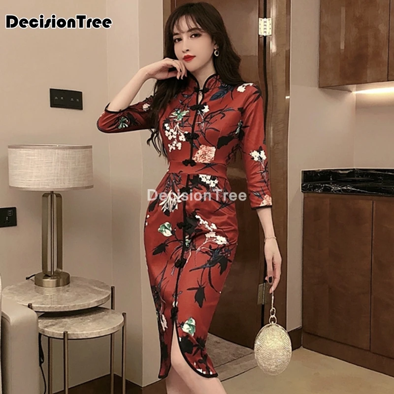 

2021 chinese dress women wedding bridesmaid dress solid knee length elegant vintage flower print qipao female sexy vestidos