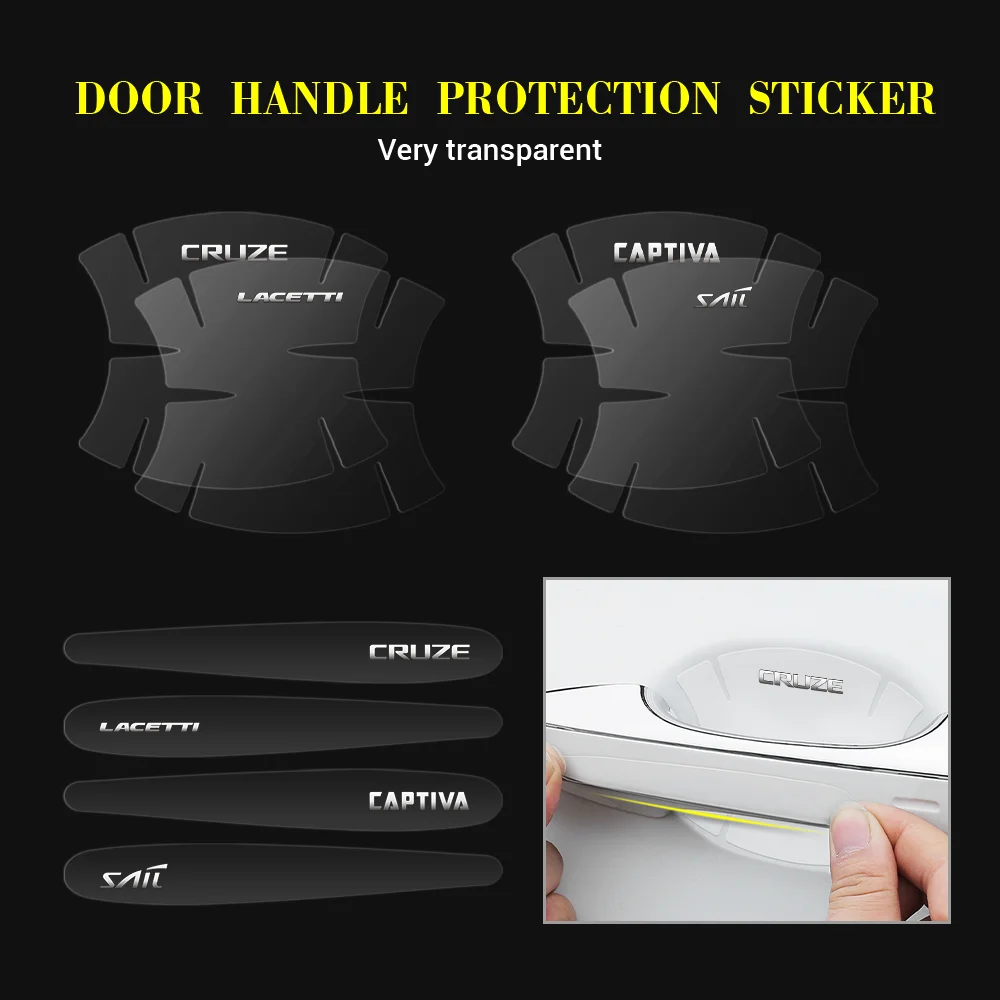 

4/8Pcs Car Door Bowl Handle Transparent Logo Sticker Protective Film Decal For Chevrolet Captiva Cruze Aveo Sail Malibu Trax SS