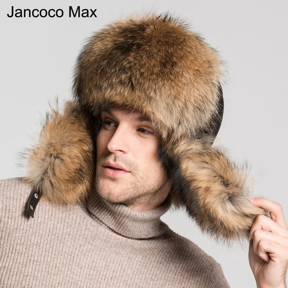 Jancoco Max New Winter Raccoon Natural Fur Hats Genuine Leather Silver Fox Fur For Men & Women Cap  S3072