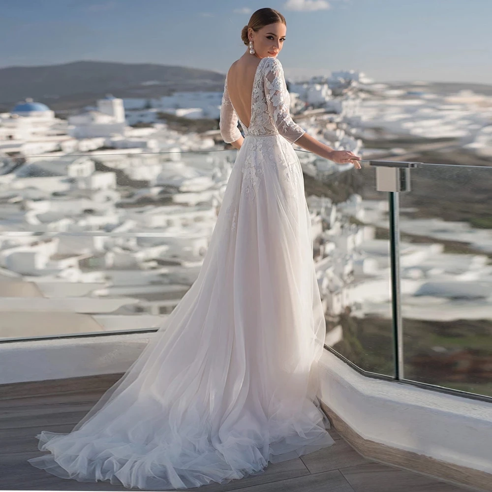 Three-Quarter Sleeves V-neck Lace  Temperament Bridal Wedding Dresses Mopping The Floor Fashionable