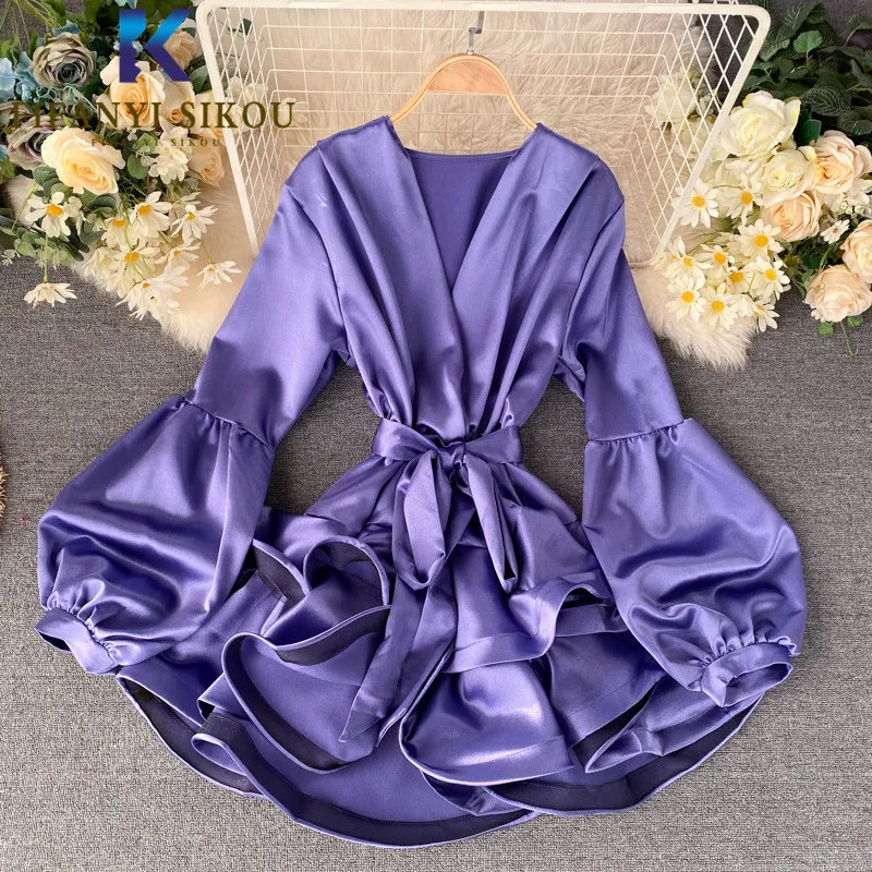 

2020 Spring Summer Women Fashion Ruffles Sexy Dress Lace up V-Neck Long sleeve Mini Dress Lady High quality Satin Party Dress
