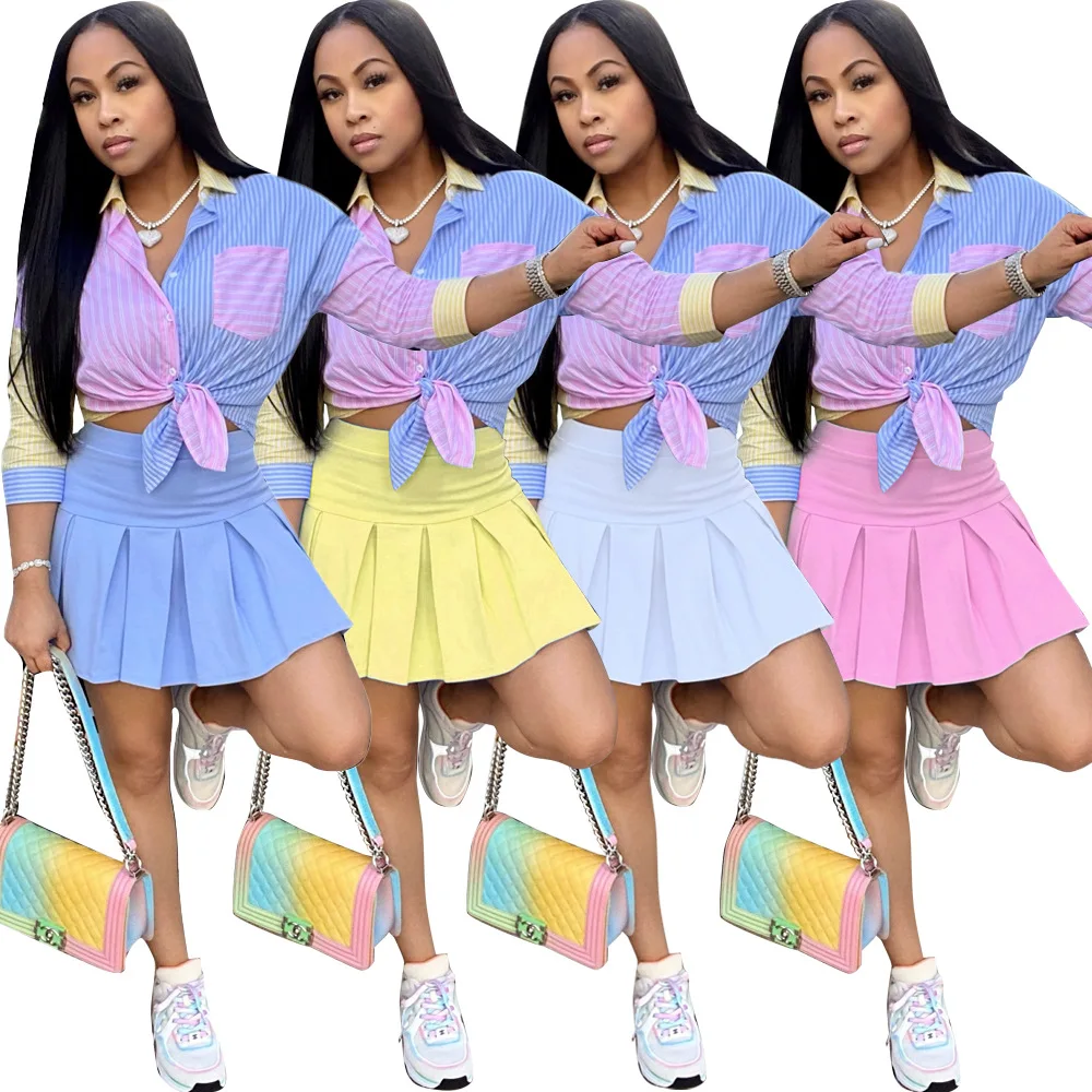 

Patchwork Striped Print Shirt Pleated Mini Skirt Set Party Club Outfits Sexy Casual Elegant Skirt Set Two Piece Set