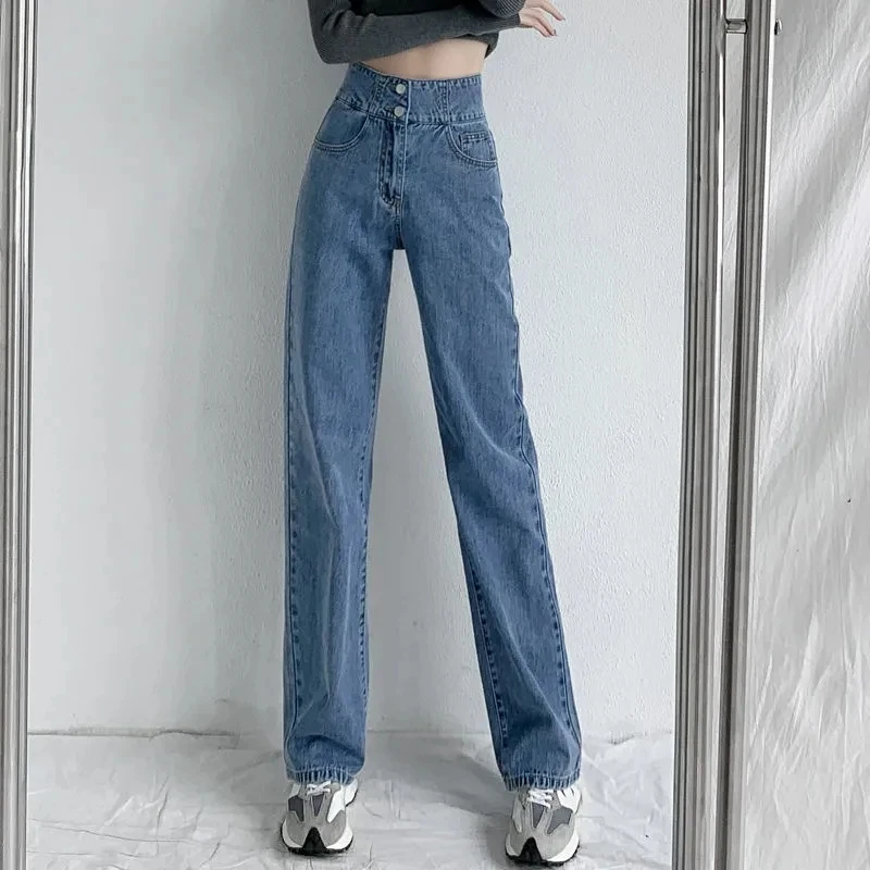 

Women Denim Trousers Vintage Loose Double Button 2022 Spring High Waist Straight Women Jeans Pants Casual Ulzzang Street Pants