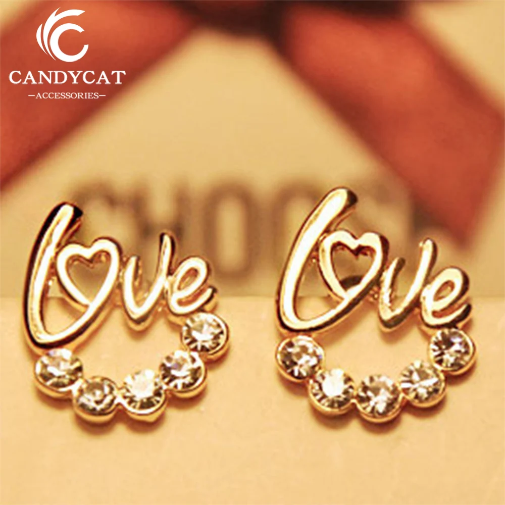 Trendy Korea Letter Love Stud Earrings For Women Exquisite Gold Silver Color Rhinestone Ear Nail Fashion Jewelry Party Gifts | Украшения и