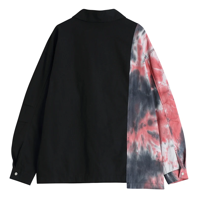 

2021 Spring Women Shirts Loose Oversized tie-dye stitching Blouses Female Tops Pockets New Lapel Long Sleeve Fit Fashion Tide